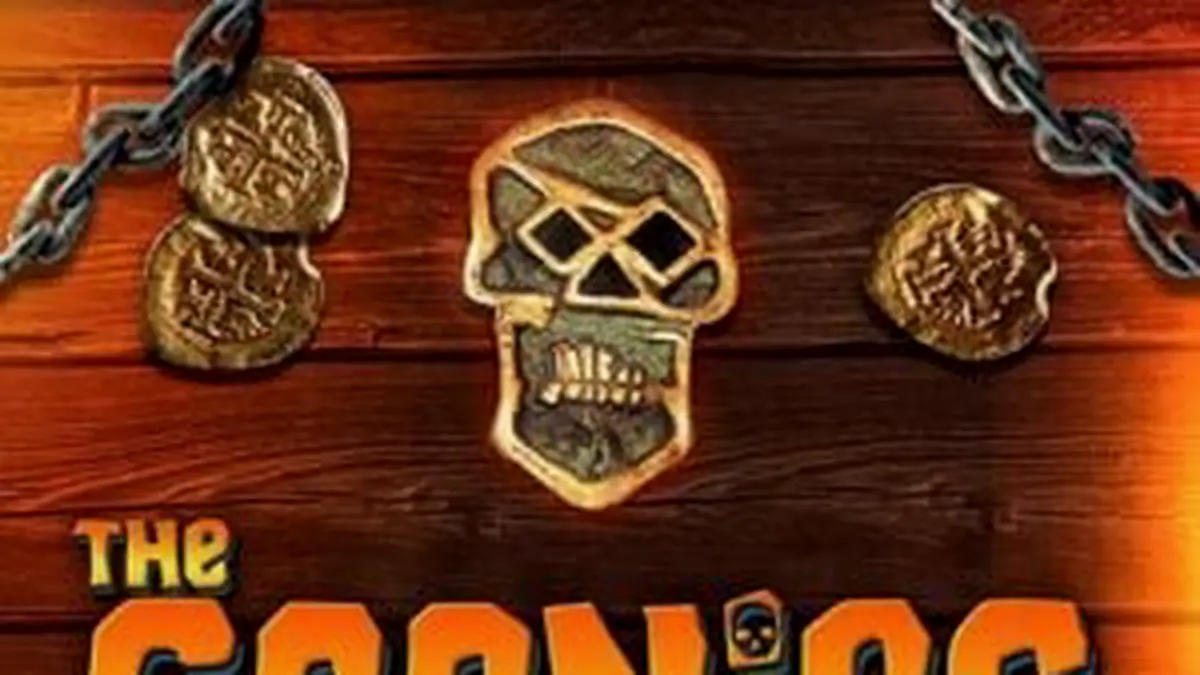 The Goonies slot game interface showing iconic movie characters and treasure map theme.